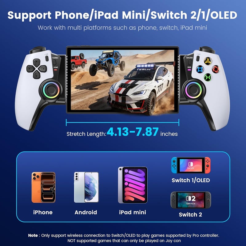 KICKDOT Phone Controller for iPhone/Android/Switch 1/2/OLED/iPad Mini With Hall Joystick, Wireless LED Mobile Gaming Controller for iOS Support PS Remote Play, Xbox Cloud,Steam Link,GeForce Now, Arcade,Roblox - Image 2